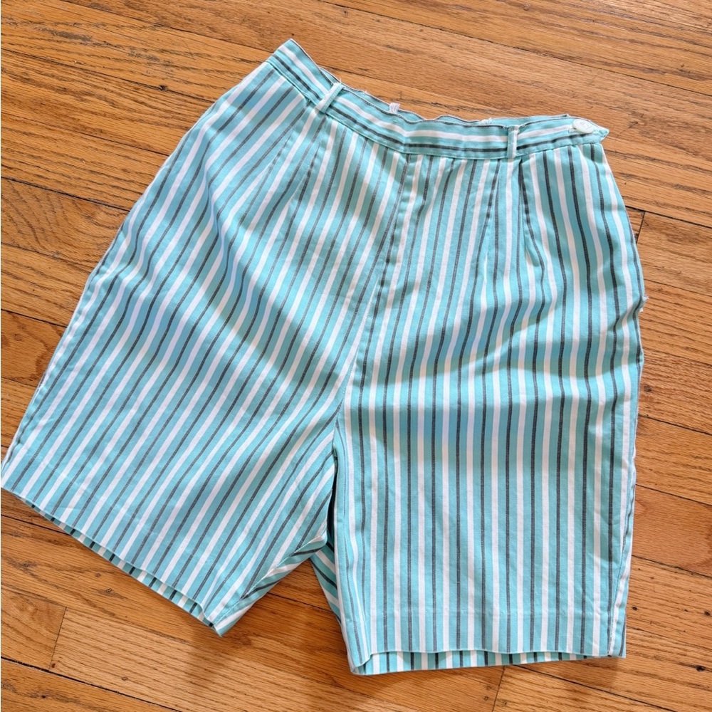 VINTAGE 50s 60s Shorts XS Cotton Striped Side Zip High Rise Blue Summer Resort